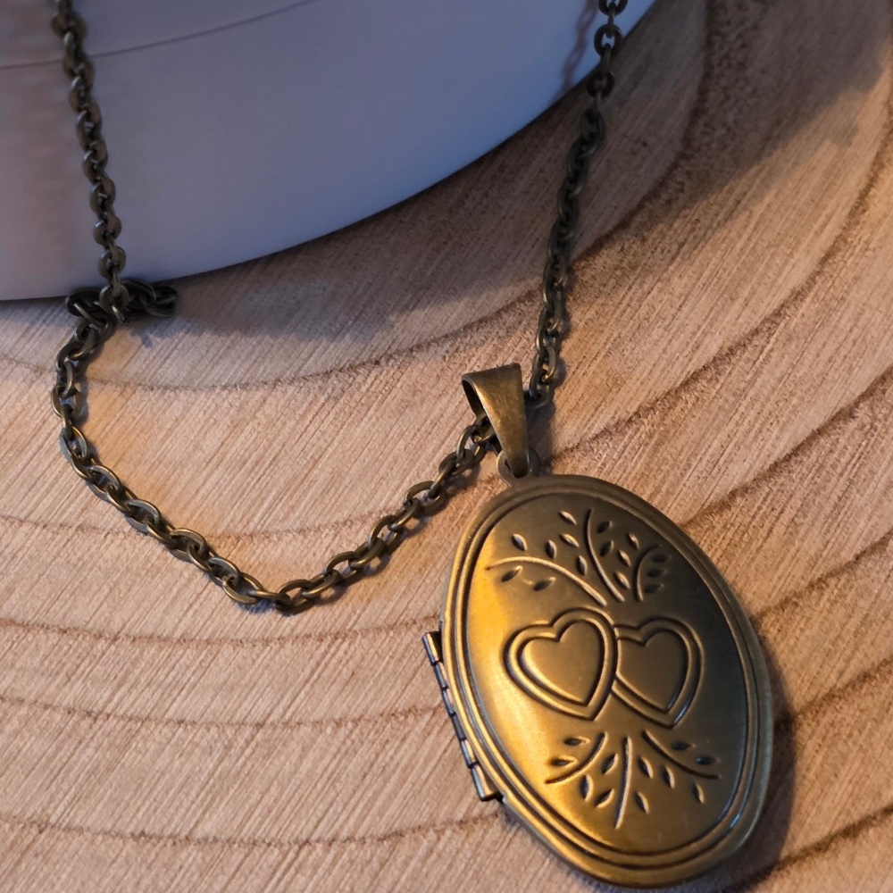 Oval Engraved 2 Heart Antique Bronze Locket Chain Necklacet